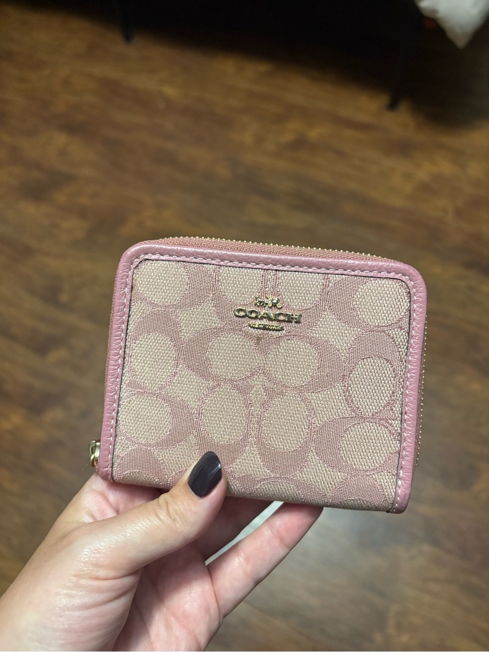 Coach Pink Zip Around Wallet Signature Jacquard